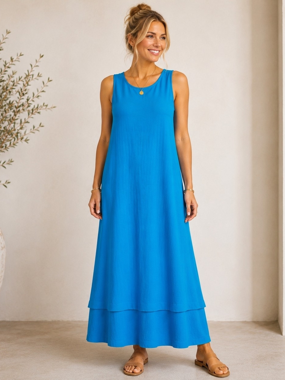 Chico's Bright Blue Sleeveless Layered Maxi Dress Size 1 Boxy Relaxed Fit - Picture 1 of 5